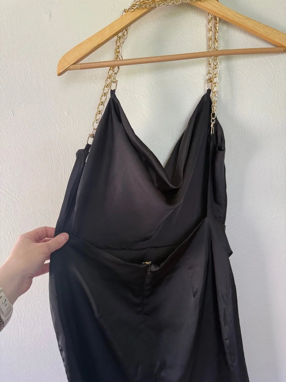 Black Backless Slip Dress with Gold Chain Straps - Picture 4 of 7